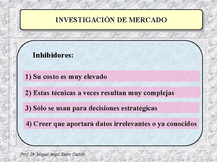 INVESTIGACIÓN DE MERCADO Inhibidores: 1) Su costo es muy elevado 2) Estas técnicas a INVESTIGACIÓN DE MERCADO Inhibidores: 1) Su costo es muy elevado 2) Estas técnicas a