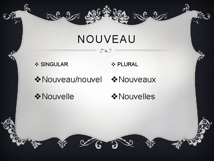 NOUVEAU v SINGULAR v PLURAL v. Nouveau/nouvel v. Nouveaux v. Nouvelles NOUVEAU v SINGULAR v PLURAL v. Nouveau/nouvel v. Nouveaux v. Nouvelles