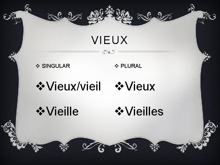 VIEUX v SINGULAR v PLURAL v. Vieux/vieil v. Vieux v. Vieilles VIEUX v SINGULAR v PLURAL v. Vieux/vieil v. Vieux v. Vieilles