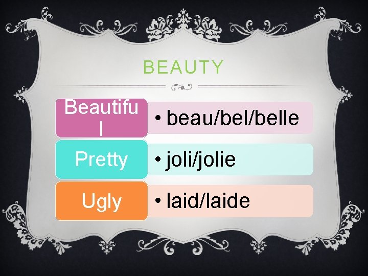 BEAUTY Beautifu • beau/belle l Pretty • joli/jolie Ugly • laid/laide BEAUTY Beautifu • beau/belle l Pretty • joli/jolie Ugly • laid/laide