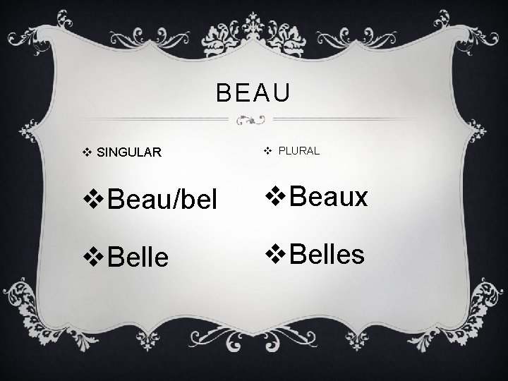 BEAU v SINGULAR v PLURAL v. Beau/bel v. Beaux v. Belles BEAU v SINGULAR v PLURAL v. Beau/bel v. Beaux v. Belles