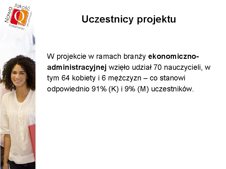 Uczestnicy projektu W projekcie w ramach branży ekonomicznoadministracyjnej wzięło udział 70 nauczycieli, w tym