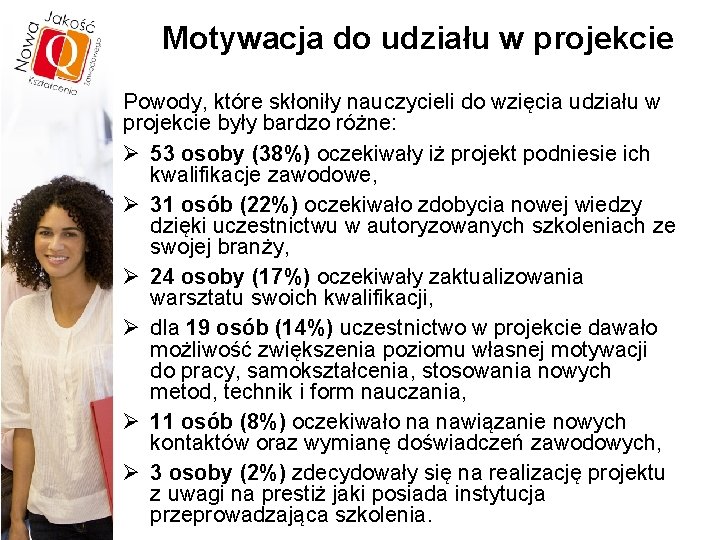 Motywacja do udziału w projekcie Powody, które skłoniły nauczycieli do wzięcia udziału w projekcie