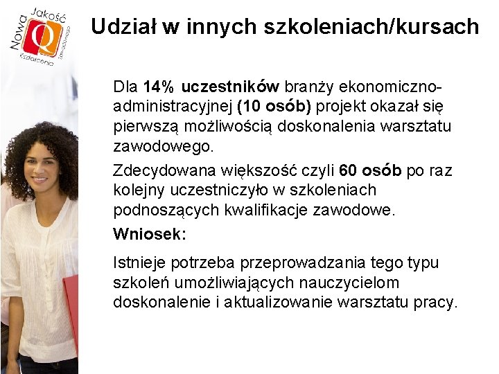 Udział w innych szkoleniach/kursach Dla 14% uczestników branży ekonomicznoadministracyjnej (10 osób) projekt okazał się