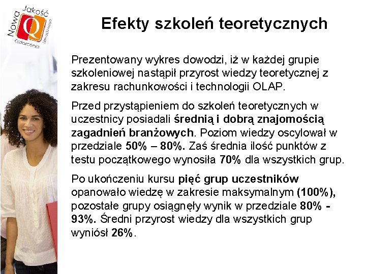 Efekty szkoleń teoretycznych Prezentowany wykres dowodzi, iż w każdej grupie szkoleniowej nastąpił przyrost wiedzy
