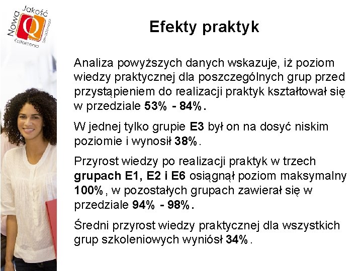 Efekty praktyk Analiza powyższych danych wskazuje, iż poziom wiedzy praktycznej dla poszczególnych grup przed