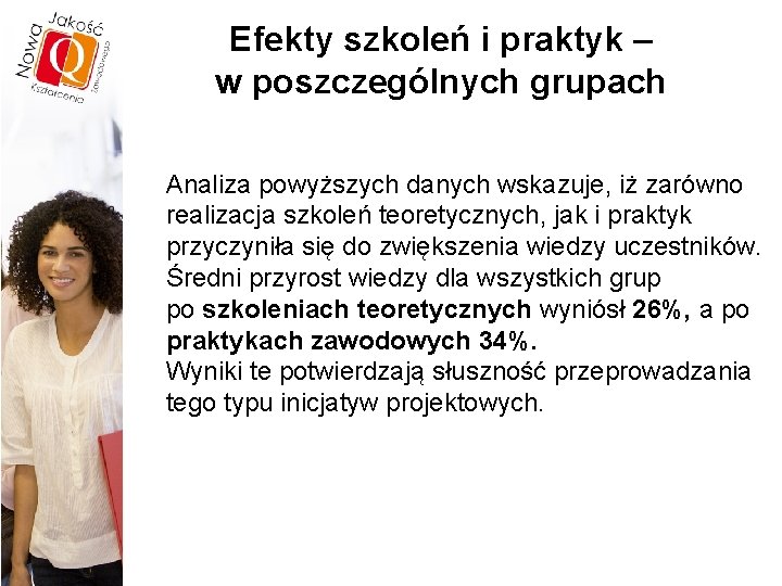 Efekty szkoleń i praktyk – w poszczególnych grupach Analiza powyższych danych wskazuje, iż zarówno