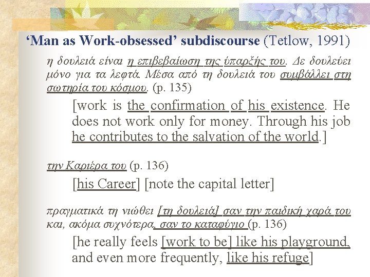 ‘Man as Work-obsessed’ subdiscourse (Tetlow, 1991) η δουλειά είναι η επιβεβαίωση της ύπαρξής του. ‘Man as Work-obsessed’ subdiscourse (Tetlow, 1991) η δουλειά είναι η επιβεβαίωση της ύπαρξής του.