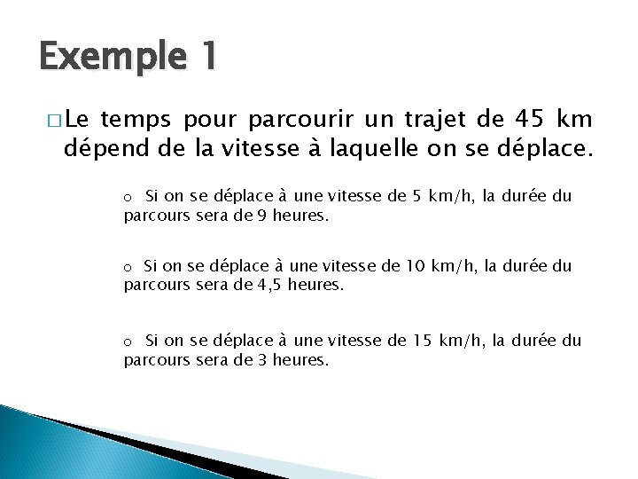 Exemple 1 � Le temps pour parcourir un trajet de 45 km dépend de