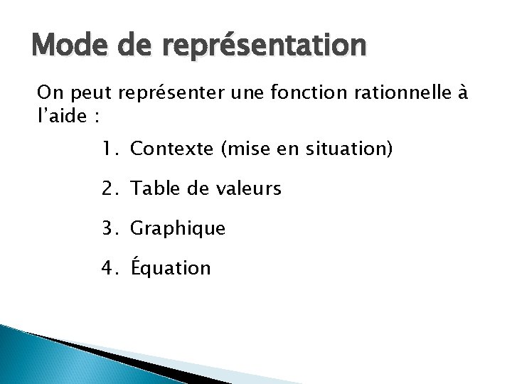 Mode de représentation On peut représenter une fonction rationnelle à l’aide : 1. Contexte