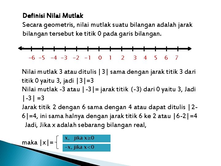 Definisi Nilai Mutlak Secara geometris, nilai mutlak suatu bilangan adalah jarak bilangan tersebut ke