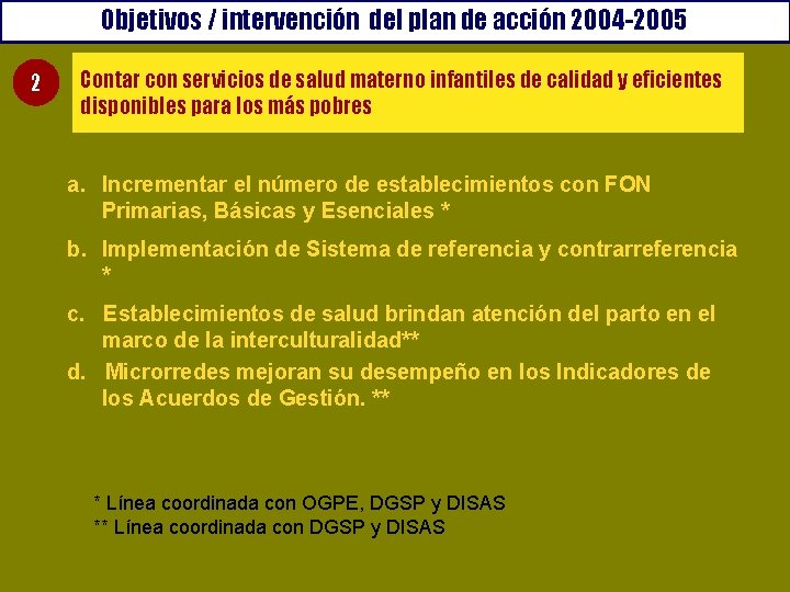 Objetivos / intervención del plan de acción 2004 -2005 2 Contar con servicios de