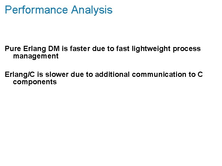 Performance Analysis Pure Erlang DM is faster due to fast lightweight process management Erlang/C