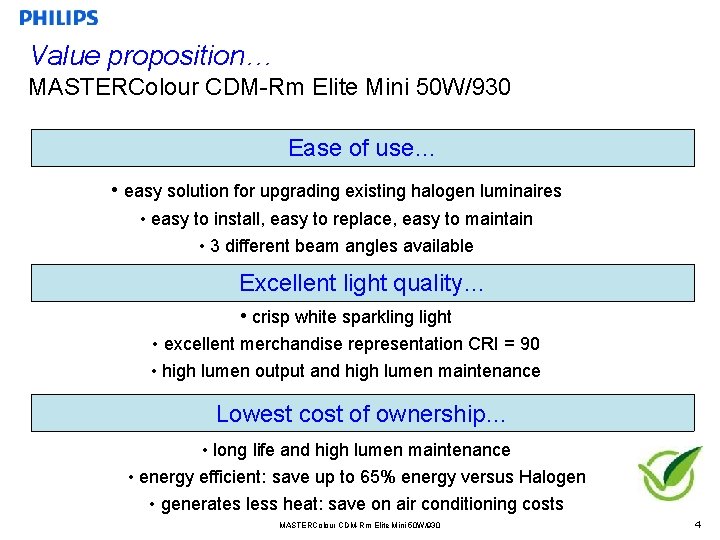 Value proposition… MASTERColour CDM-Rm Elite Mini 50 W/930 Ease of use… • easy solution