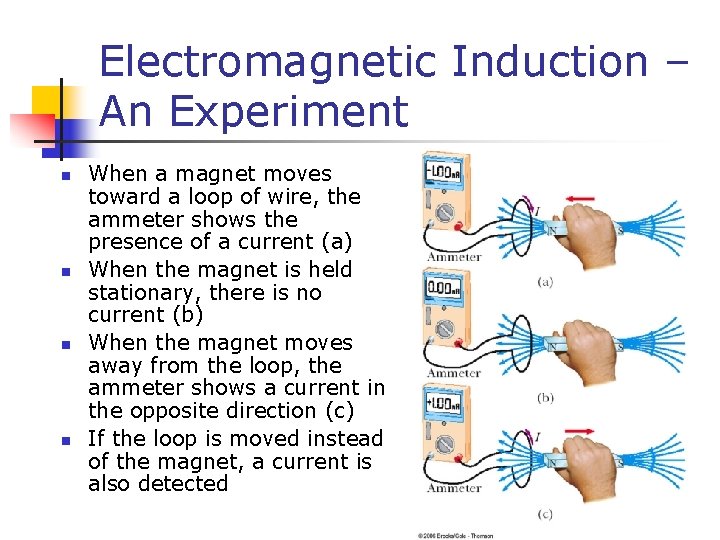 Electromagnetic Induction – An Experiment n n When a magnet moves toward a loop