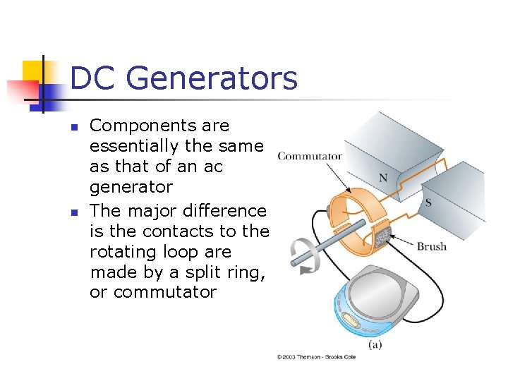 DC Generators n n Components are essentially the same as that of an ac
