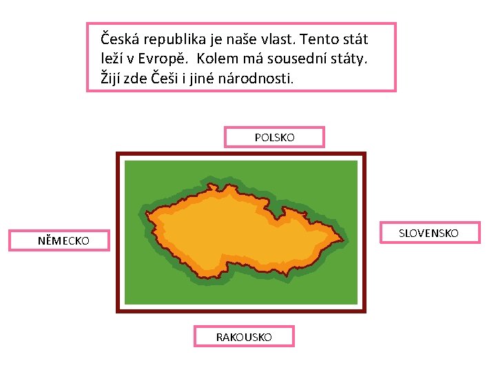 Česká republika je naše vlast. Tento stát leží v Evropě. Kolem má sousední státy.