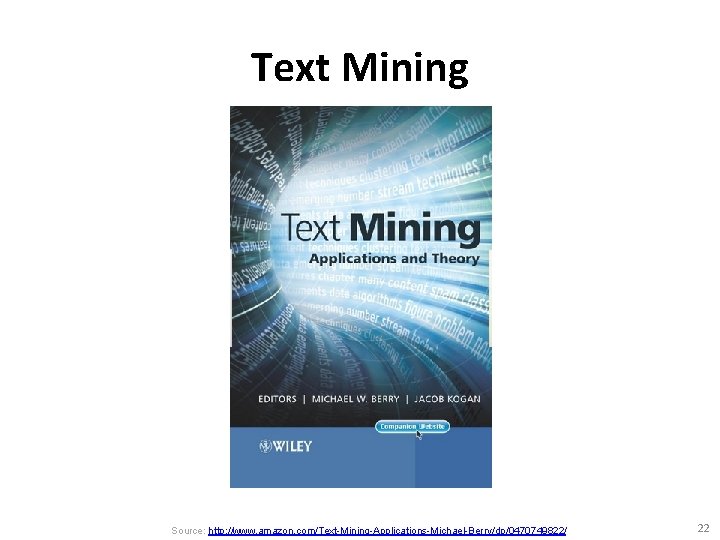 Text Mining Source: http: //www. amazon. com/Text-Mining-Applications-Michael-Berry/dp/0470749822/ 22 