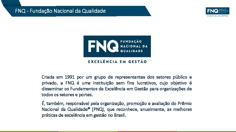 FNQ - Fundação Nacional da Qualidade Criada em 1991 por um grupo de representantes