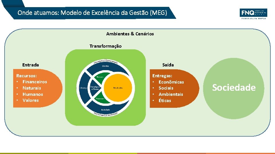 Onde atuamos: Modelo de Excelência da Gestão (MEG) Ambientes & Cenários Transformação Entrada Saída