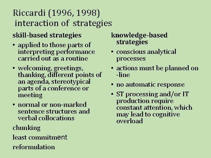 Riccardi (1996, 1998) interaction of strategies skill-based strategies • applied to those parts of