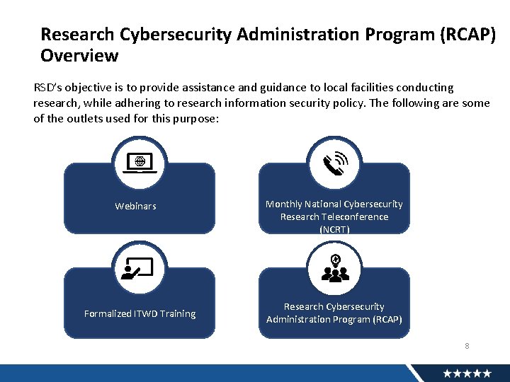 Research Cybersecurity Administration Program (RCAP) Overview RSD’s objective is to provide assistance and guidance