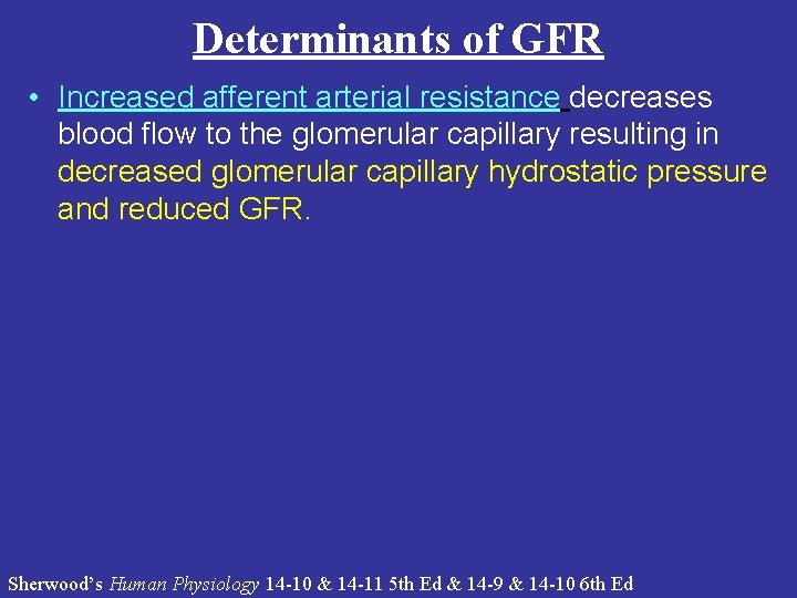 Determinants of GFR • Increased afferent arterial resistance decreases blood flow to the glomerular Determinants of GFR • Increased afferent arterial resistance decreases blood flow to the glomerular
