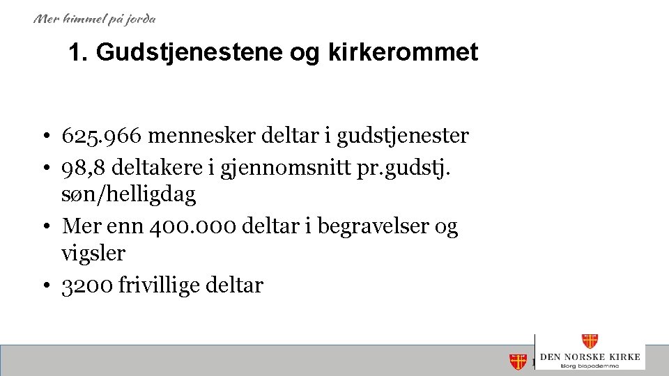 1. Gudstjenestene og kirkerommet • 625. 966 mennesker deltar i gudstjenester • 98, 8