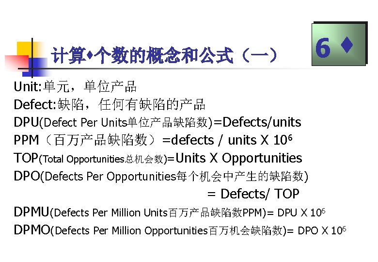 计算 个数的概念和公式（一） 6 Unit: 单元，单位产品 Defect: 缺陷，任何有缺陷的产品 DPU(Defect Per Units单位产品缺陷数)=Defects/units PPM（百万产品缺陷数）=defects / units X