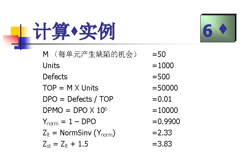 6 计算 实例 M （每单元产生缺陷的机会） Units Defects TOP = M X Units =50 =1000