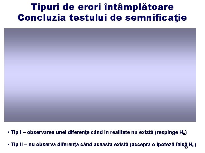 Tipuri de erori întâmplătoare Concluzia testului de semnificaţie • Tip I – observarea unei