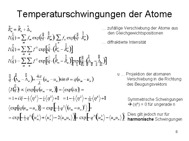 Temperaturschwingungen der Atome … zufällige Verschiebung der Atome aus den Gleichgewichtspositionen … diffraktierte Intensität