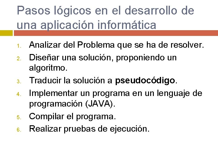 Pasos lógicos en el desarrollo de una aplicación informática 1. 2. 3. 4. 5.