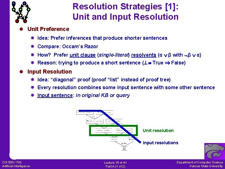 Resolution Strategies [1]: Unit and Input Resolution l Unit Preference Idea: Prefer inferences that