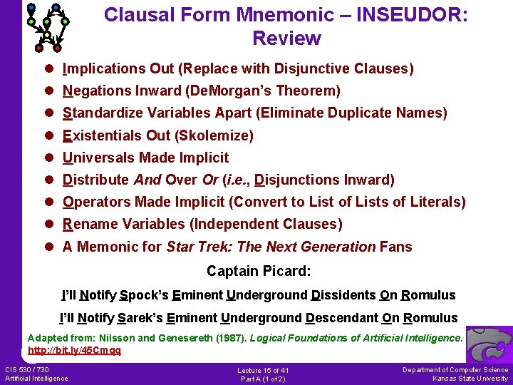 Clausal Form Mnemonic – INSEUDOR: Review l Implications Out (Replace with Disjunctive Clauses) l