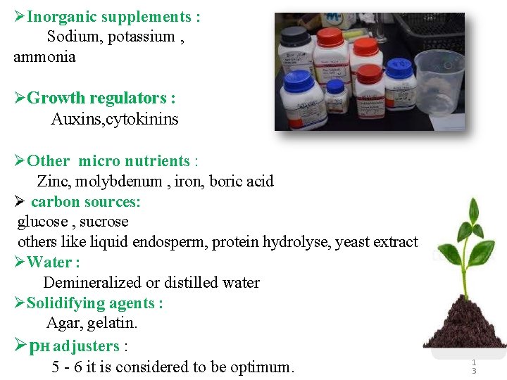  Inorganic supplements : Sodium, potassium , ammonia Growth regulators : Auxins, cytokinins Other