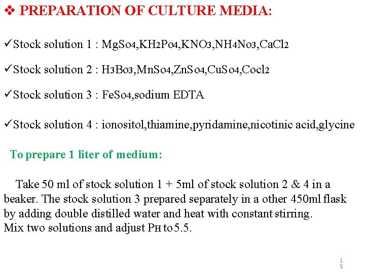  PREPARATION OF CULTURE MEDIA: Stock solution 1 : Mg. So 4, KH 2