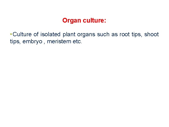 Organ culture: • Culture of isolated plant organs such as root tips, shoot tips,