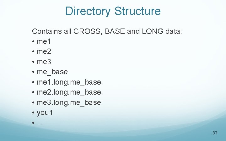 Directory Structure Contains all CROSS, BASE and LONG data: • me 1 • me