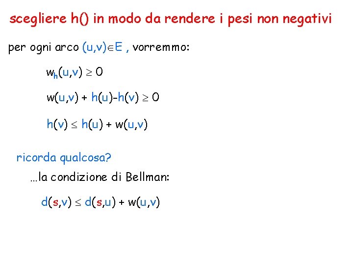 scegliere h() in modo da rendere i pesi non negativi per ogni arco (u,