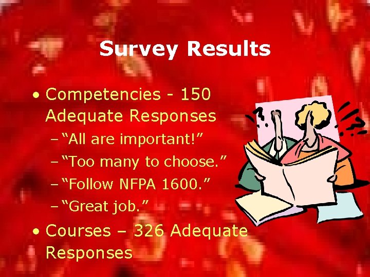 Survey Results • Competencies - 150 Adequate Responses – “All are important!” – “Too