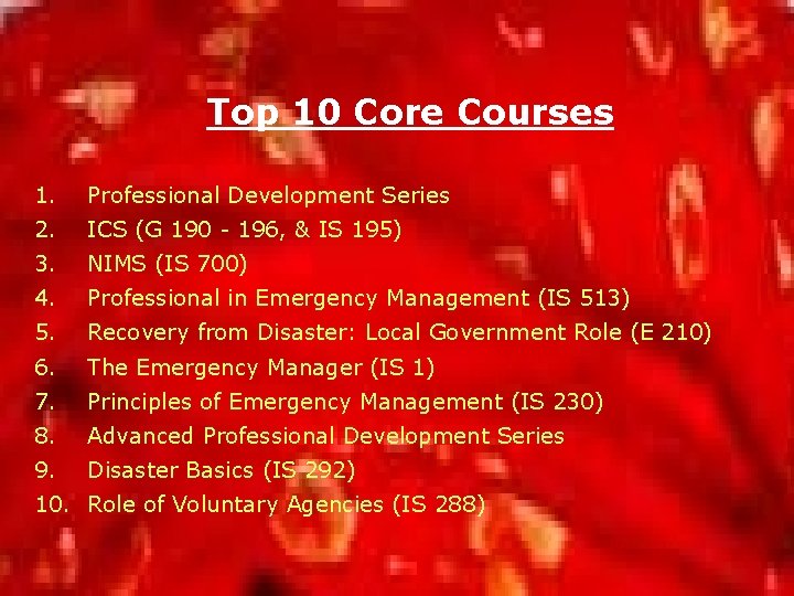 Top 10 Core Courses 1. Professional Development Series 2. ICS (G 190 - 196,