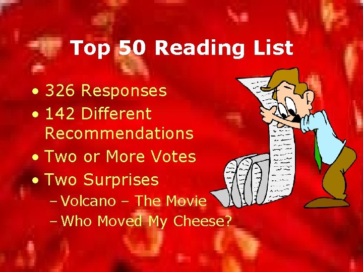 Top 50 Reading List • 326 Responses • 142 Different Recommendations • Two or