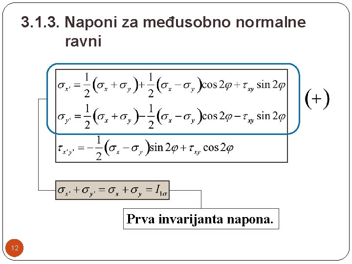 3. 1. 3. Naponi za međusobno normalne ravni Prva invarijanta napona. 12 