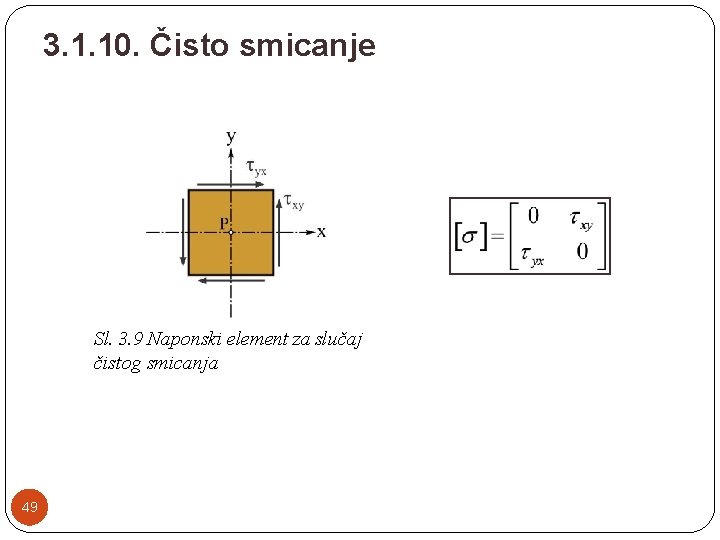 3. 1. 10. Čisto smicanje Sl. 3. 9 Naponski element za slučaj čistog smicanja