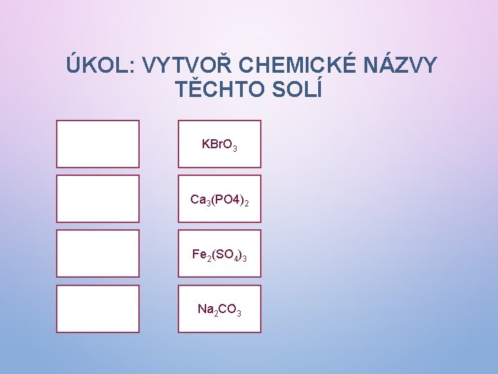 ÚKOL: VYTVOŘ CHEMICKÉ NÁZVY TĚCHTO SOLÍ KBr. O 3 Ca 3(PO 4)2 Fe 2(SO