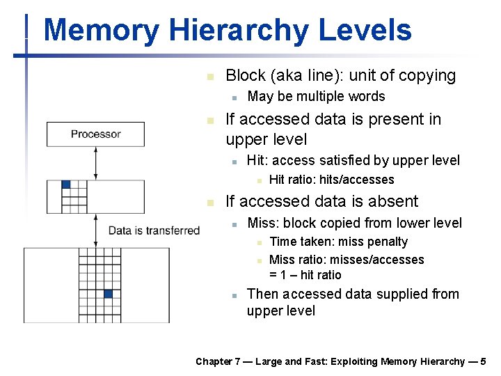 Memory Hierarchy Levels n Block (aka line): unit of copying n n May be