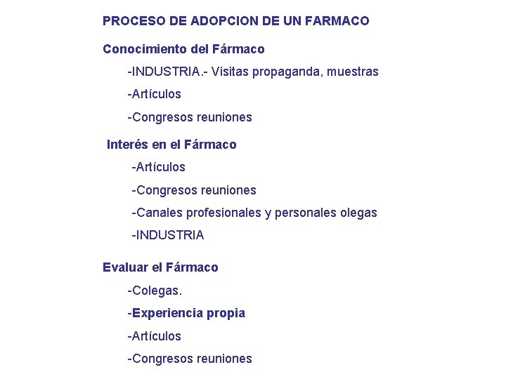 PROCESO DE ADOPCION DE UN FARMACO Conocimiento del Fármaco -INDUSTRIA. - Visitas propaganda, muestras