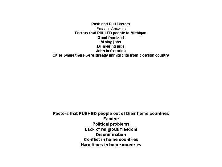 Push and Pull Factors Possible Answers Factors that PULLED people to Michigan Good farmland