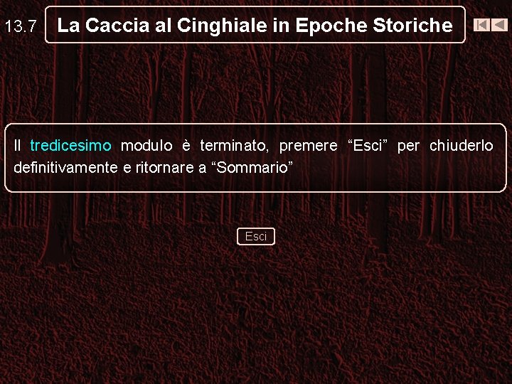 13. 7 La Caccia al Cinghiale in Epoche Storiche Il tredicesimo modulo è terminato,